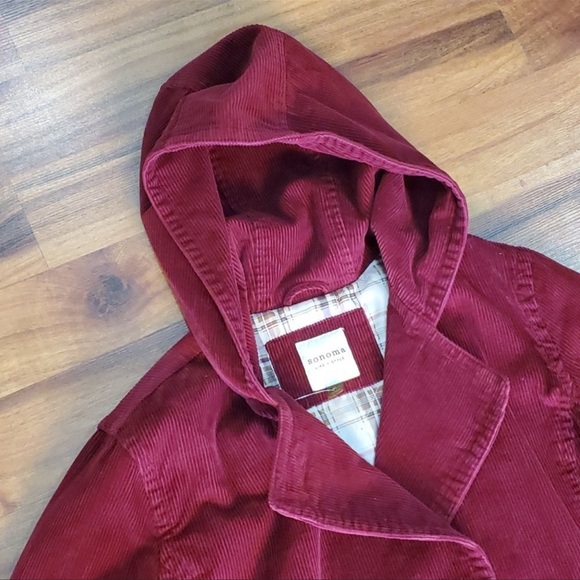 VINTAGE SONOMA QUILTED CORDUROY HOODED COAT JACKET RED OXBLOOD - Picture 2 of 6